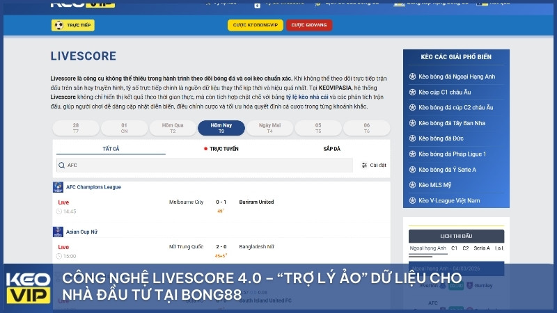Công nghệ Livescore 4.0 – “Trợ lý ảo” dữ liệu cho nhà đầu tư tại Bong88
